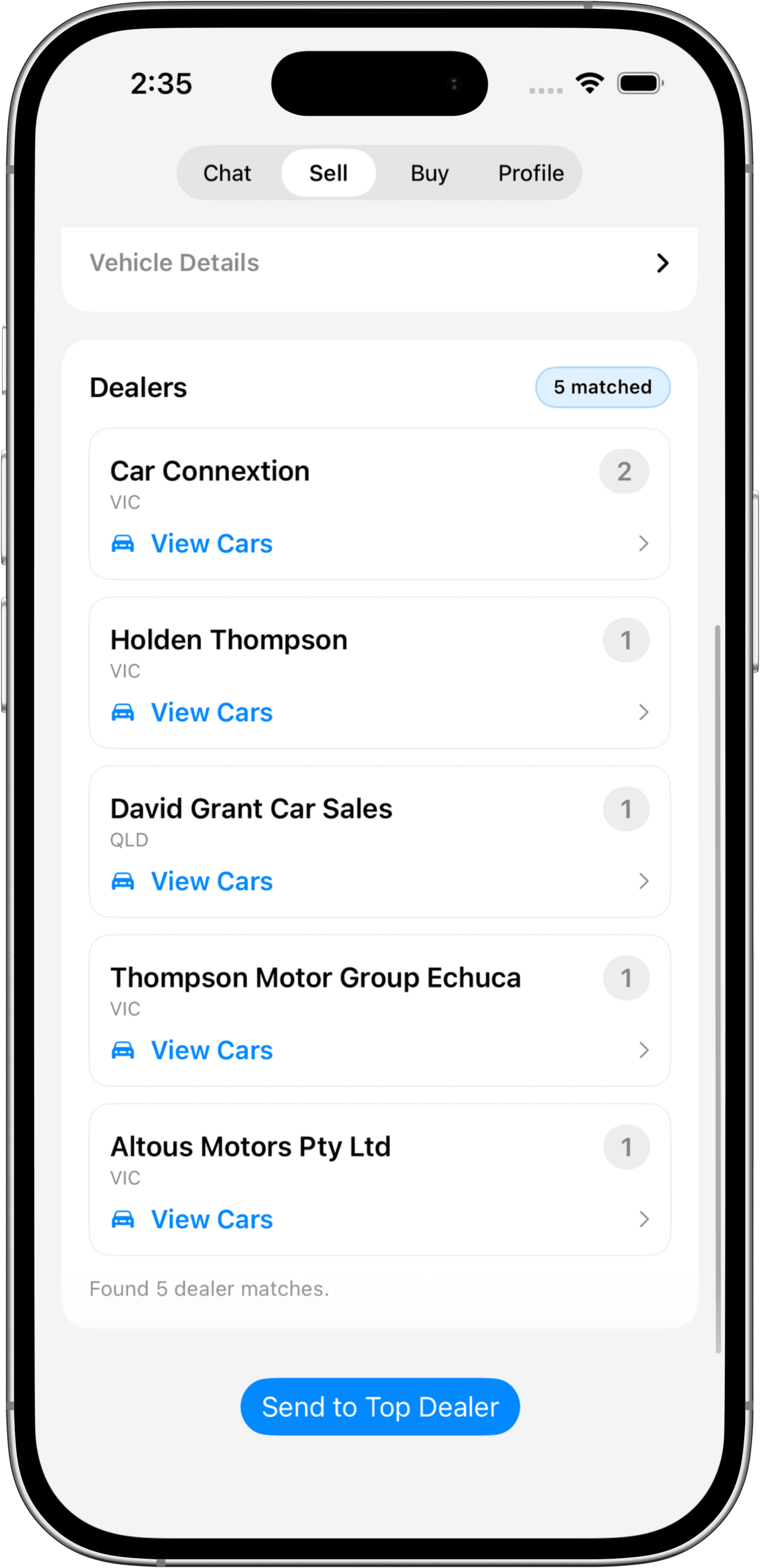 Dealer matching results