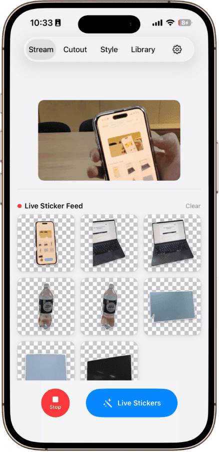 Live sticker feed showing segmented objects