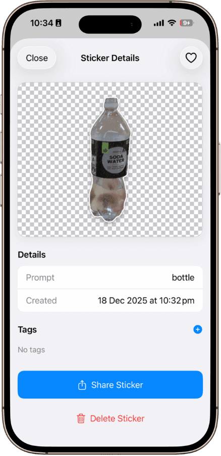 Sticker details and sharing options