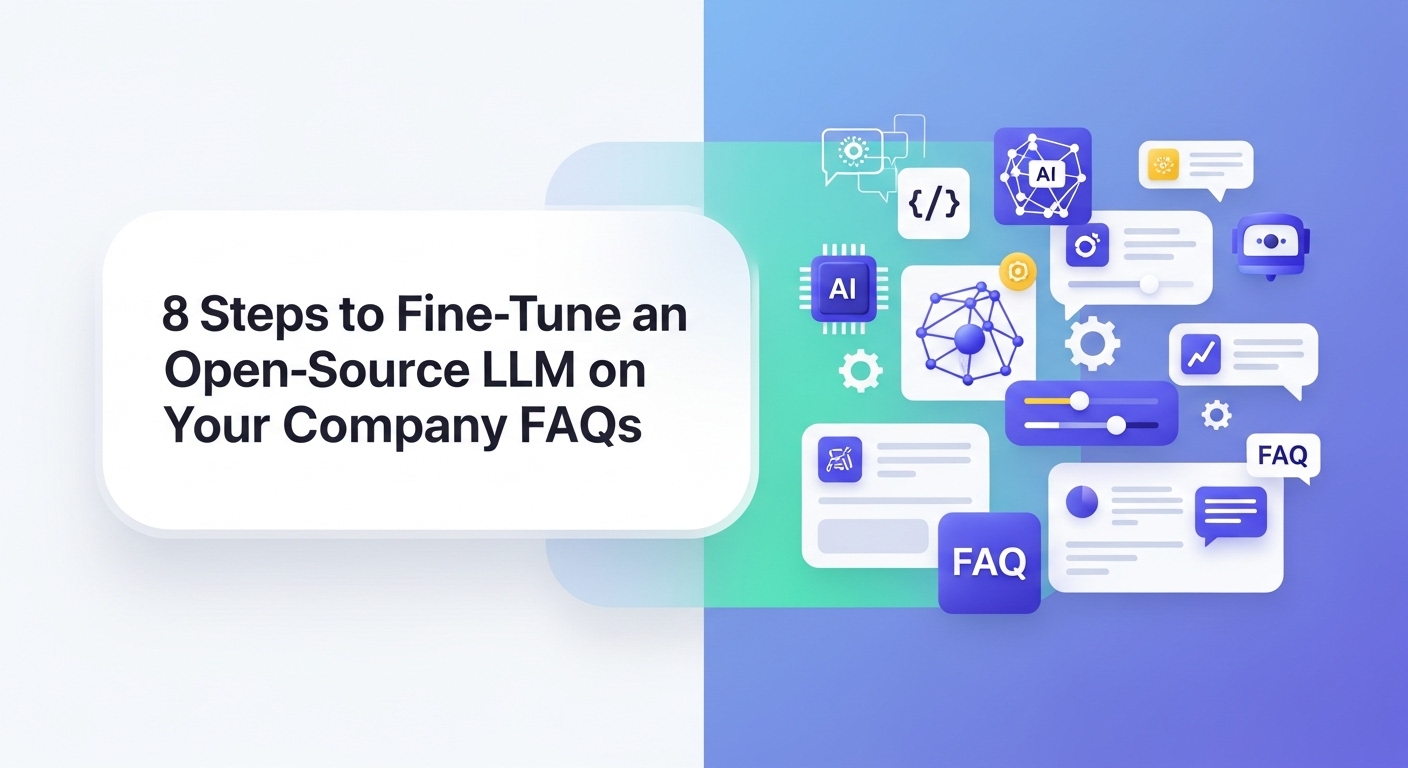 Machine learning workflow diagram showing the 8-step process for fine-tuning open source language models using company FAQ datasets for improved customer support automation