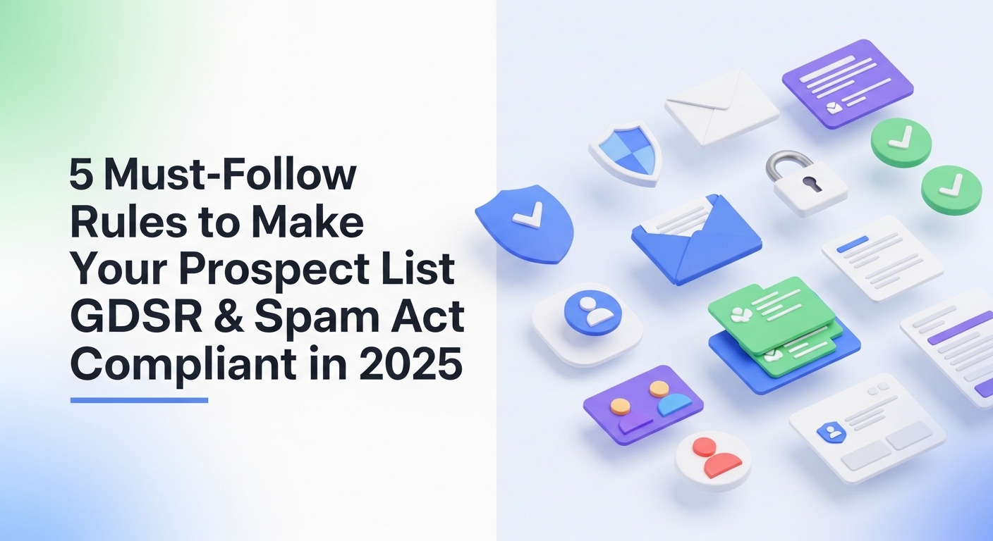 Digital compliance checklist showing GDPR and Australia's Spam Act requirements for building legitimate email prospect lists in 2025