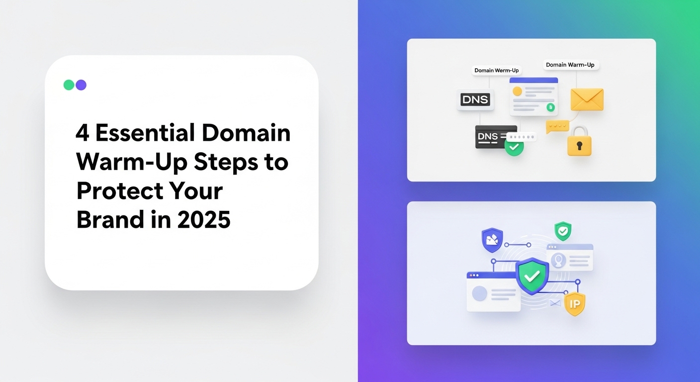 Domain reputation management process showing the 4 essential steps for warming up new domains to protect brand credibility and email deliverability in 2025