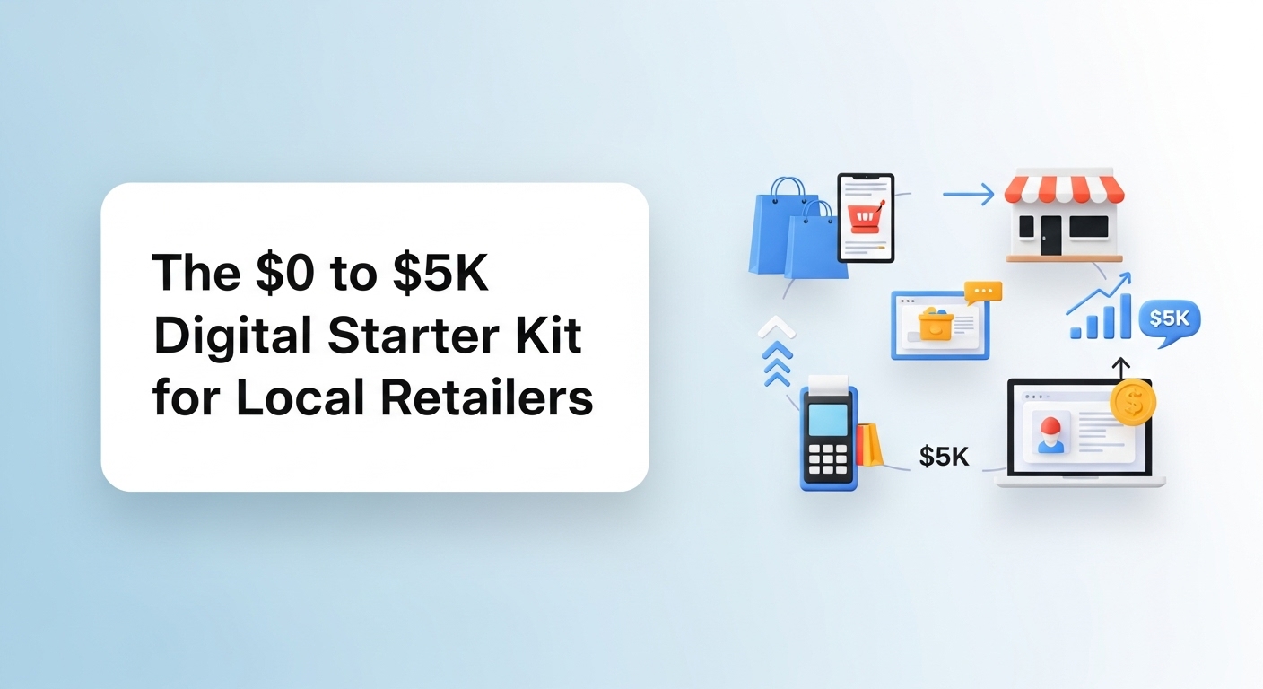 Budget-friendly digital transformation roadmap for local retailers showing essential tools like Shopify, Square POS, Mailchimp, and Canva within a 0-5000 AUD implementation budget